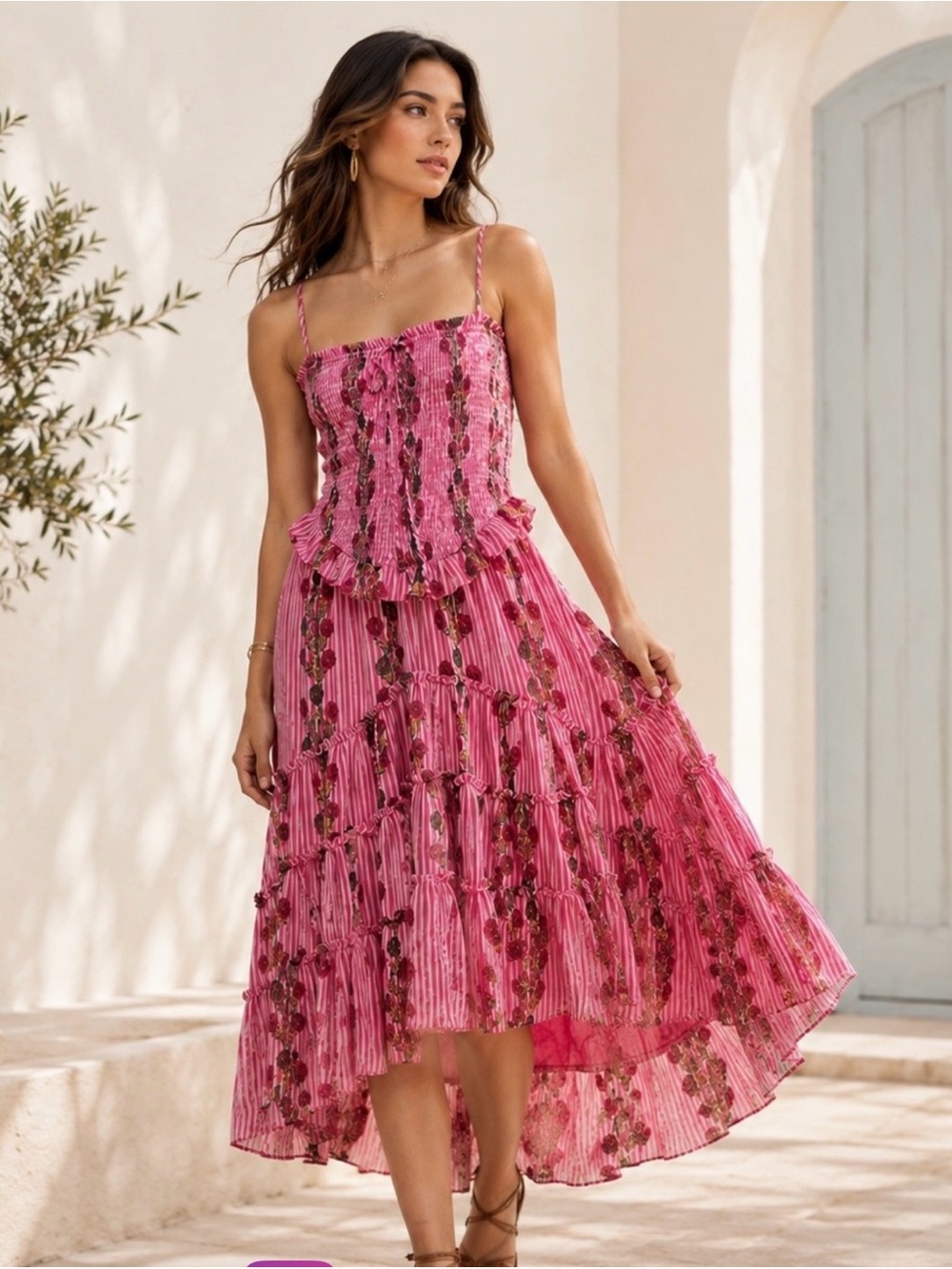Free People Alejandra Pink Floral Smocked Midi Dress